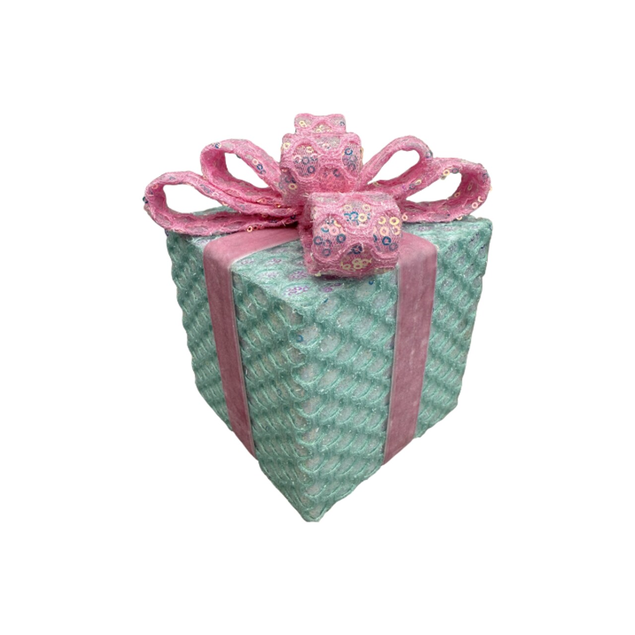 Mint/Pink Sequin Gift Box Decor with Velvet Bow | Christmas & Party Display-86355MIPK